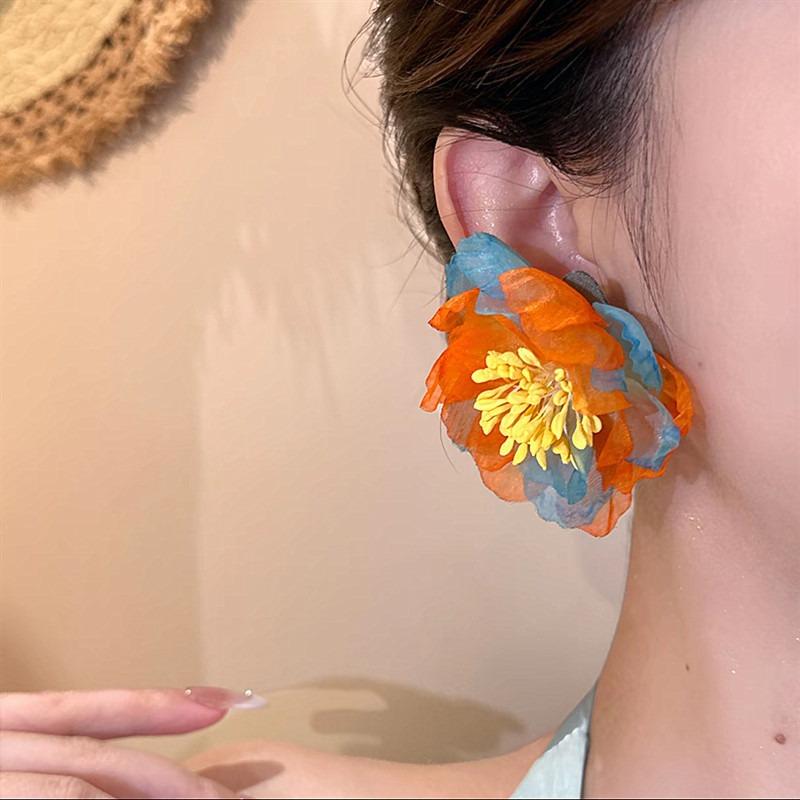 Ear Flower~ Silver Needle Chiffon Flower Stud Earrings, Island Exaggerated Personality Vacation Style Earrings, Niche Design Earrings
