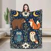 Celestial Forest Animals Fleece Blanket, Folk Art Owl Bear Fox Throw, Midnight Blue Cozy Gift Throw
