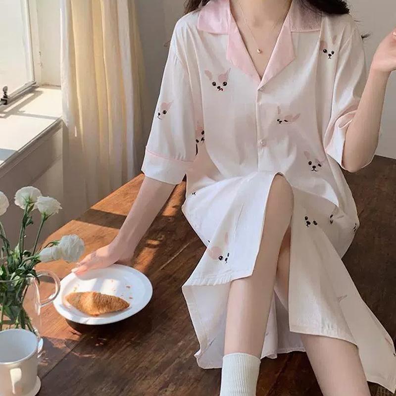 Wind Autumn Ice Silk Simple Thin Pajamas Women'S Short Sleeves Cute Loungewear Nightdress Loungewear