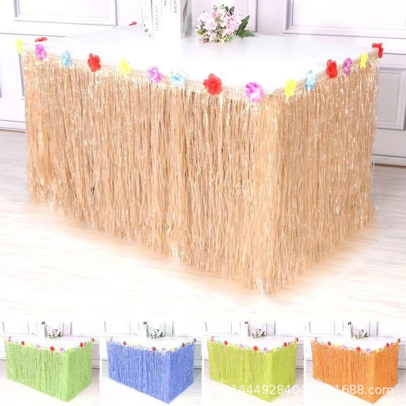 Tropical Party Table Decor Set with Hibiscus Leaf and Straw Tassel Skirt