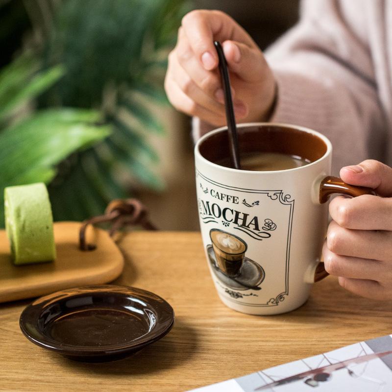 European Luxury Coffee Cup Cappuccino Latte Cup Retro Ceramic Spoon With Lid