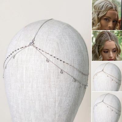 Boho Style Kopfkette Strass Anhänger Doppellagig Elegantes Kopfstück Bling Braut Stirnkette Schmuck Geschenk Haar Accessoire