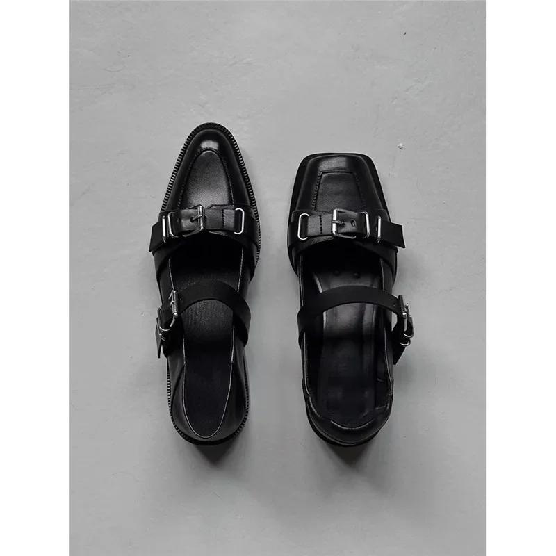 Fashion Fashionable Punk Style Square Toe Black Chunky Heel Open Toe Single Shoes Summer New Arrival Versatile Leather Shoes for Women