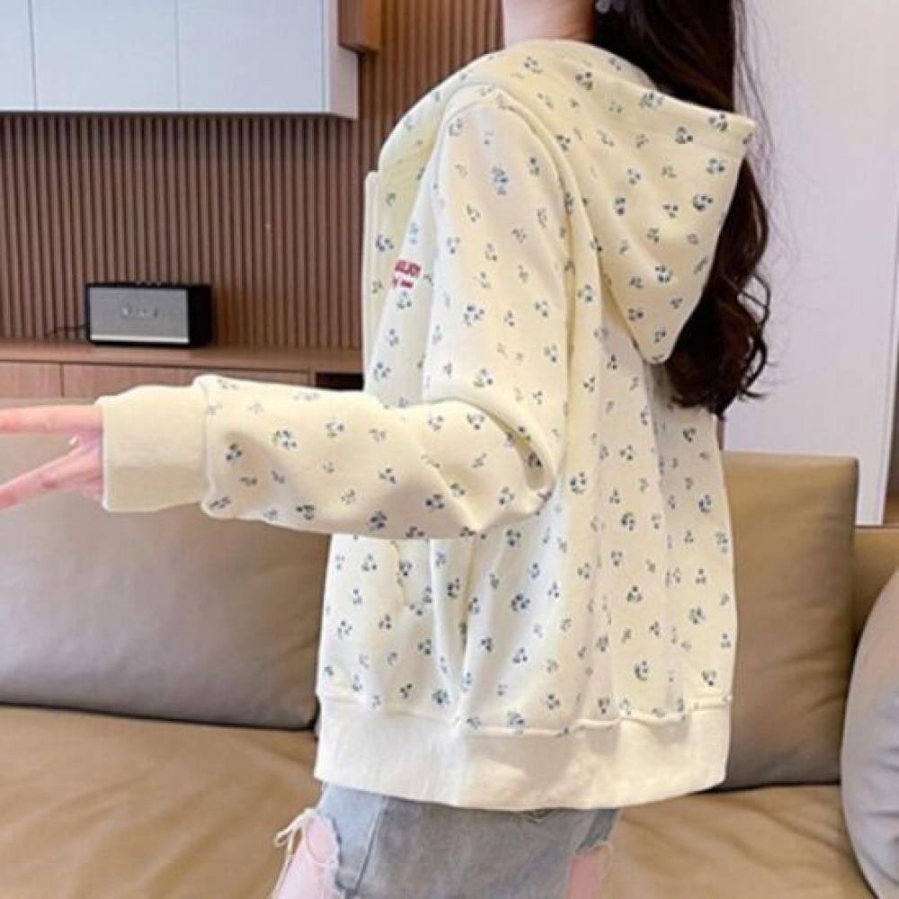 Navava Women Flower Pattern Long Sleeve Hooded Zip Up Nc168