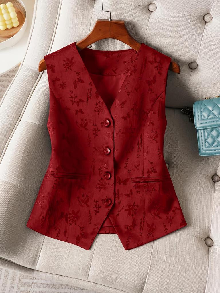 2026 Frühling/Sommer Damen Elegante Florale Jacquard-Weste mit V-Ausschnitt - Große Größen, Einreihige Jacke