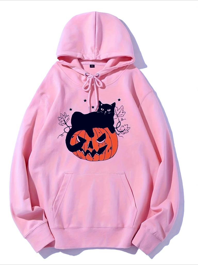 Vintage Halloween Black Cat Graphic Print Hoodie Women Oversized Drawstring Pullover Autumn Street Party Long Sleeve Daily Hoody