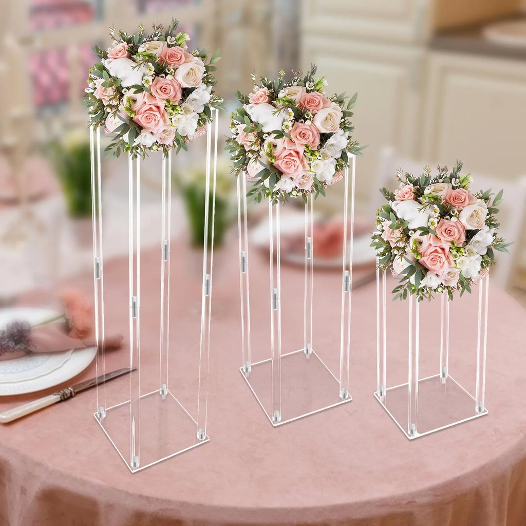 Bymaocar 3Pcs Acrylic Vase Clear Column Flower Display Rack Kit, DIY Tall Flower Stand for Parties, Events, Wedding Centerpieces