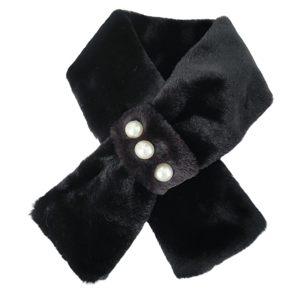 Elegant Solid Color Plush Cross Scarf Imitation Pearl Winter Warmer Neck Scarf Comfortable Neck Warmer Evening