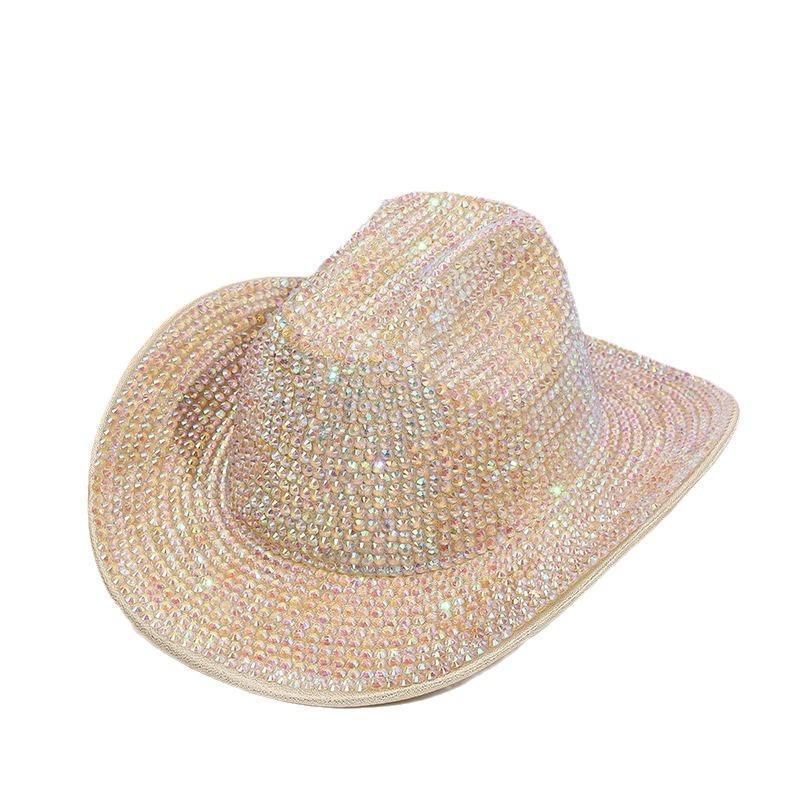 New Diamond-embellished Wide-brimmed Rolled Edge Jazz Hat Unisex European American Party Cowgirl Hat
