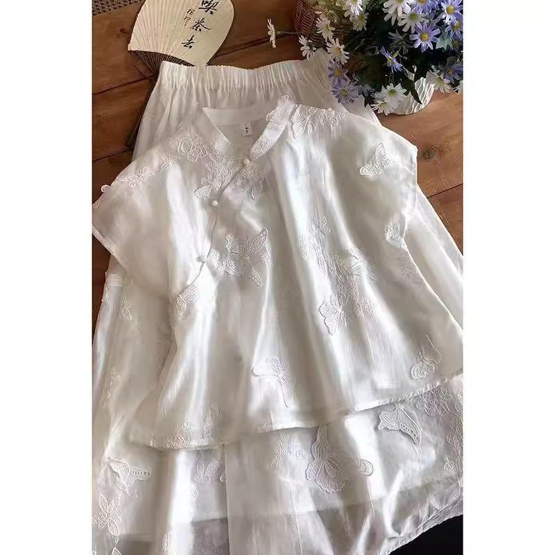 

Улучшенная рубашка Топ Женская 2025 Лето Вышивка бабочками Чайная одежда Женская Без рукавов Воротник-стойка Планка M [Recommended below 50kg]