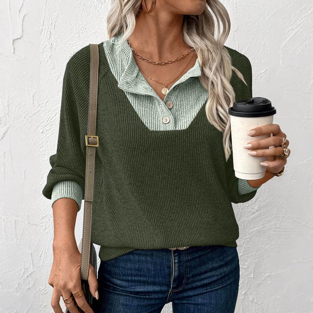 Women's Pullover Lapel Sweatshirt Fashionable Stitching Contrast Color Top