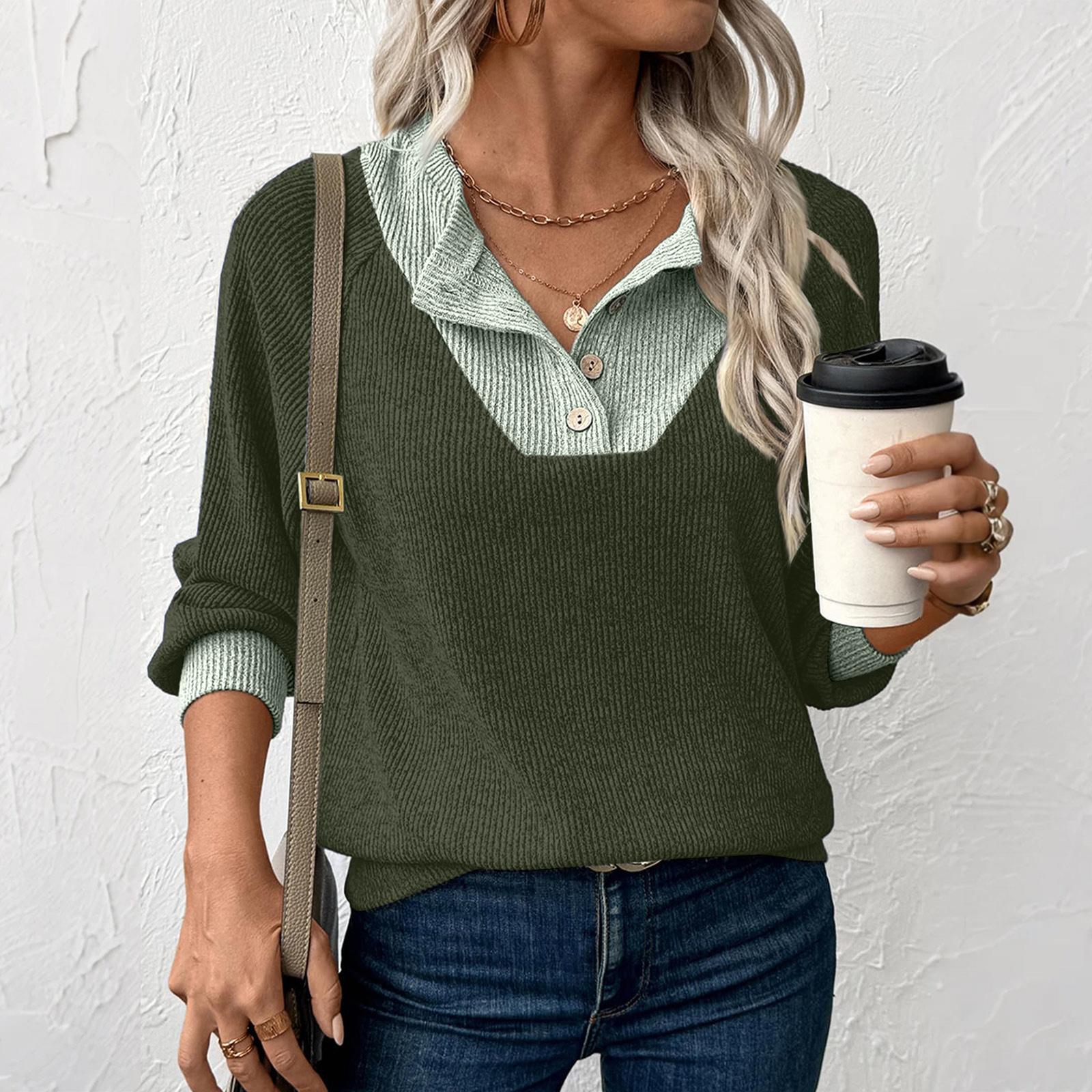 

Women s Pullover Lapel Sweatshirt Fashionable Stitching Contrast Color Top XXL зелёный