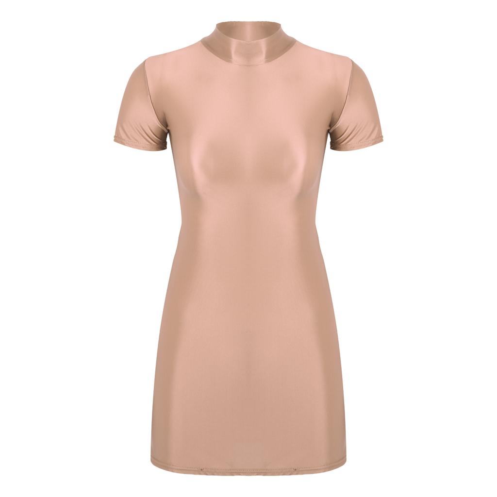 Womens Glossy Mock Neck Bodycon Dress Short Sleeve Stretchy Fabric Nightclub Party Mini Dress