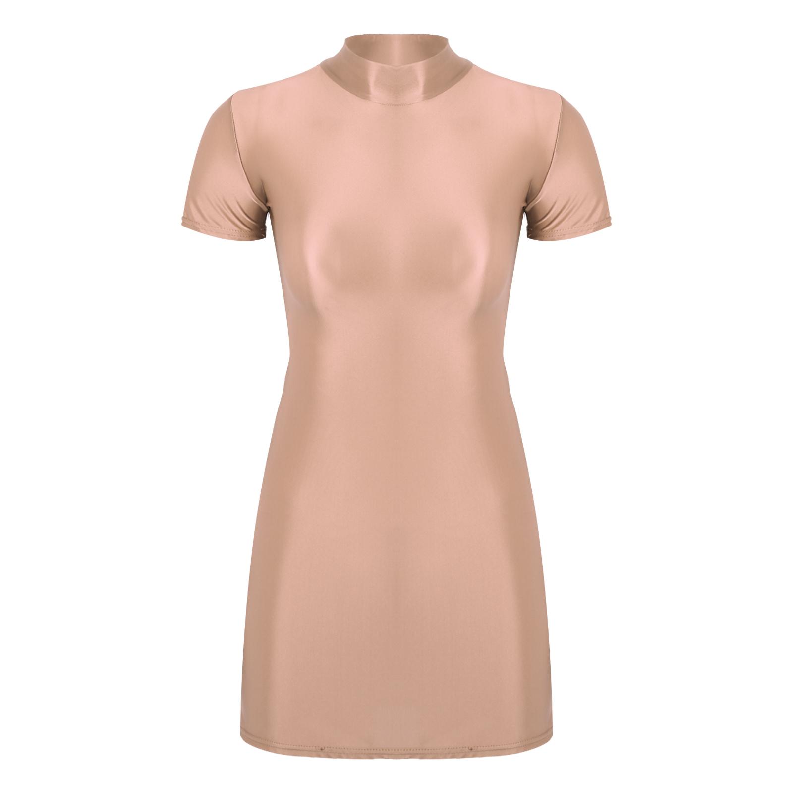 

Womens Bodycon Mini Dress Glossy Fabric Mock Neck Short Sleeve Clubwear M кавовий