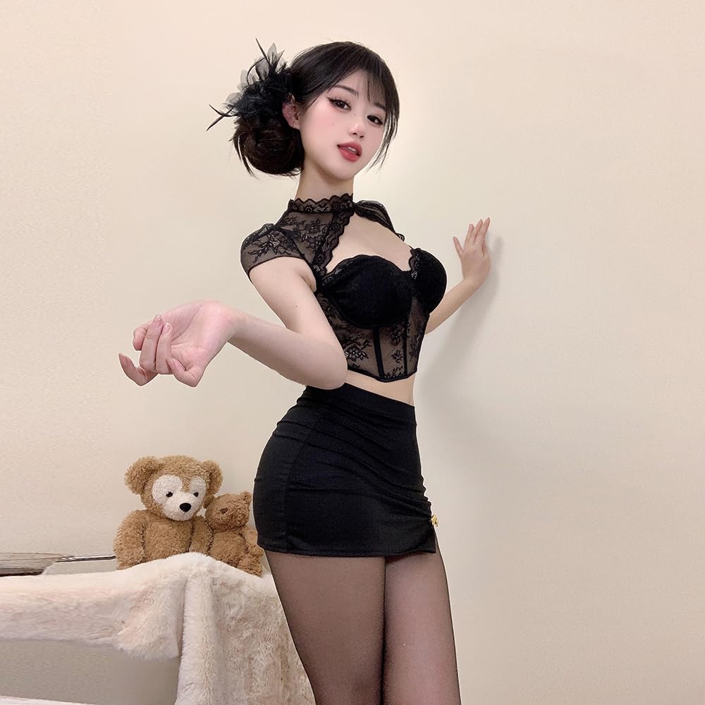 Sexy Office Female Extreme Mini Tight 3 Piece Top and Bottom Free Size [YUEEI] Secretary, Lady, Teacher, Open-chested, Lace, See-Through, Cosplay,