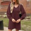 Women Autumn Winter Lantern Sleeve Solid Color Loose Knitted Sweater One Piece Dress