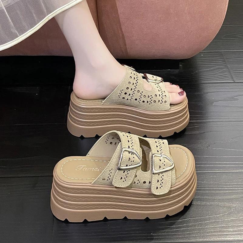 Fashion 8CM Trendy Streetlish Buckles Slippers for Women Nubuck Leather 2025 Summer Platform Shoes Ladies Comfort Fashion Slipper Woman