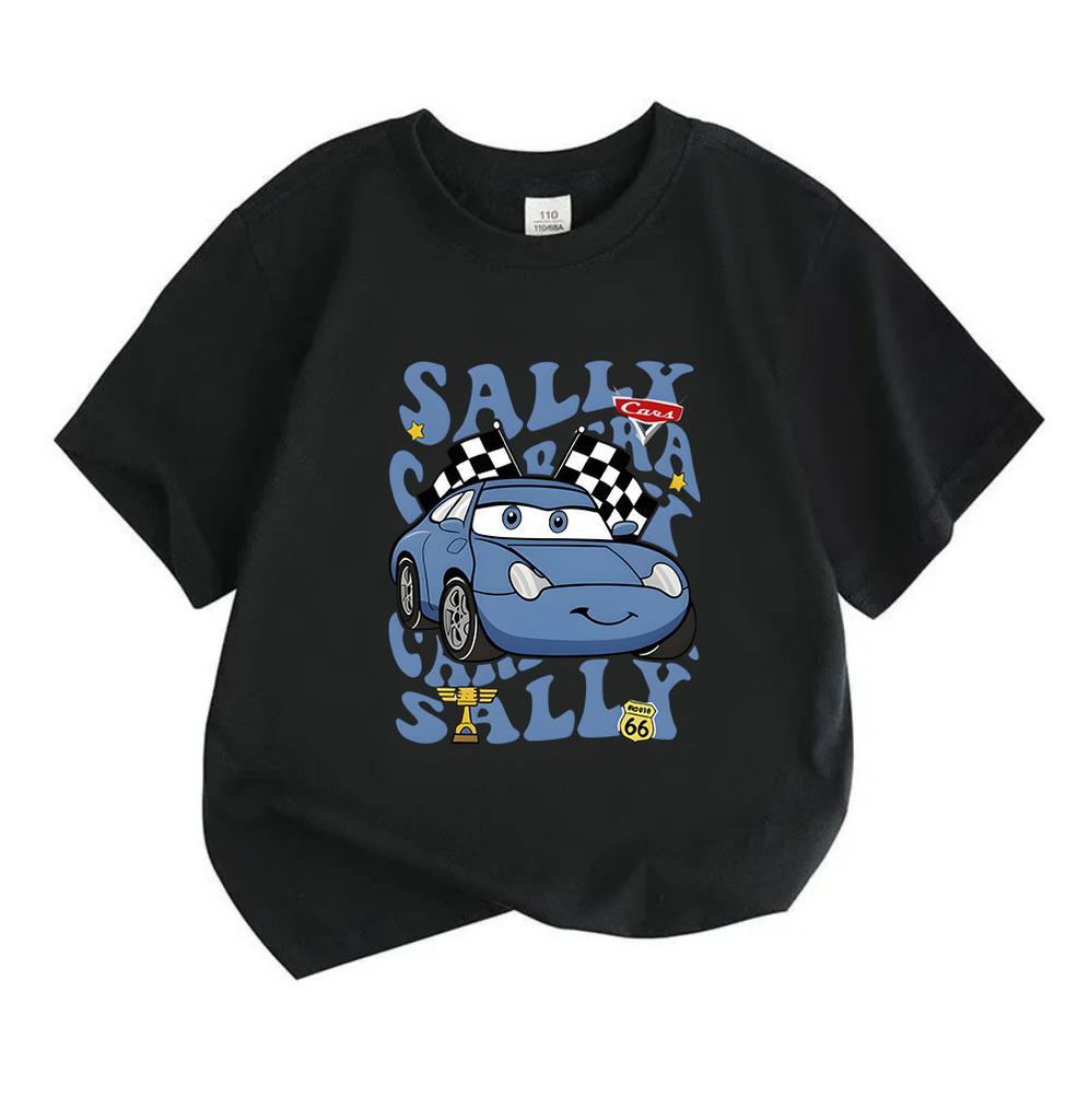 Kids Boys Girls 100% Cotton Crew Neck Short Sleeve T-Shirt, Cute Blue Racing Car Checkered Flag Print Casual Soft Tees for Toddlers Children Daily Wea