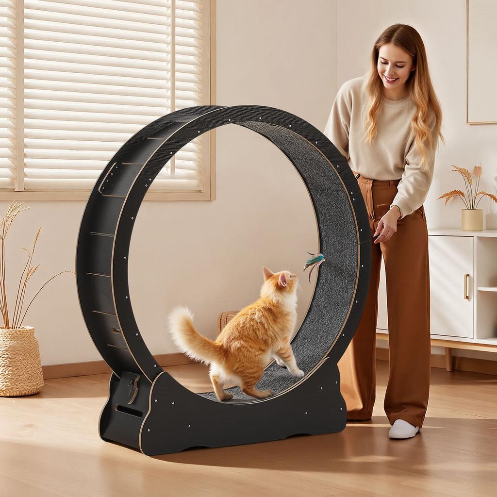 Cat Exercise Wheel, 132cm Wooden Cat Running Wheel for Indoor Kitten up to 12.7kg, Cats Treadmill with Carpeted Runway & Locking Mechanism, Quiet Cat