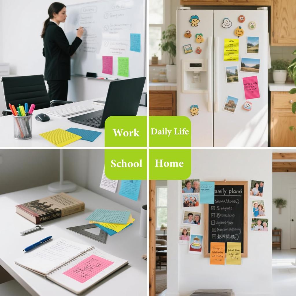 NESCCI 12 Pads Lined Sticky Notes 4x6 Sticky Notes with Lines Self-Stick Note Pads 12 Bright Multi Colors Big Rectangular Sticky Note for