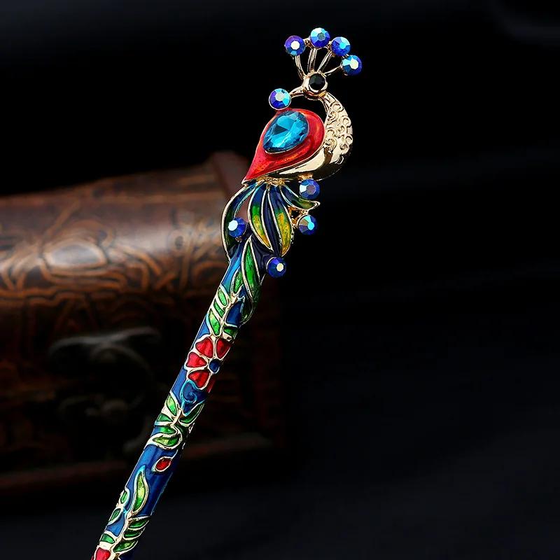 Retro Women Enamel Crystal Peacock Hair Stick Pin Chinese Style Handmade Accessories Ladies Gentle and Elegant Jewelry Headwear