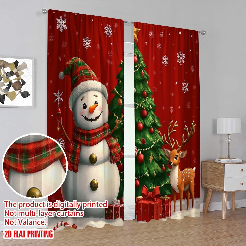 Set Of 2 Plane Printing Curtains Christmas Tree Snowman Deer Holiday Versatile Durable Polyester Without Rod Sheer Made