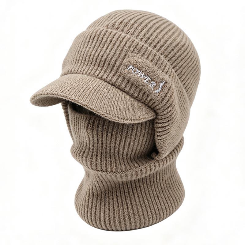 Winter men's integrated knitted hat with brim scarf face protection pullover hat outdoor cycling warm middle-aged and elderly wool hat