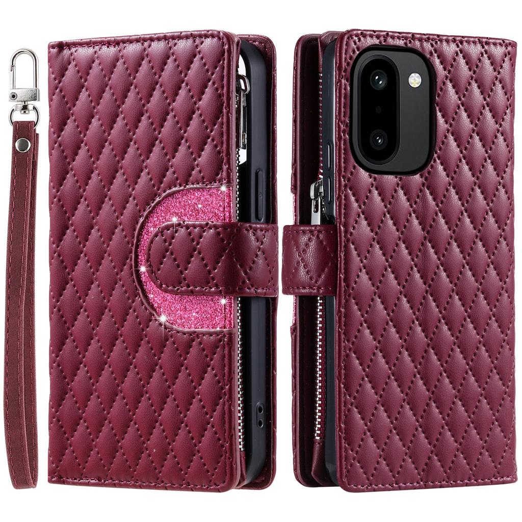 For OnePlus 15R 5G Case Zipper Pocket Glitter Leather Phone Cover with Wrist Strap