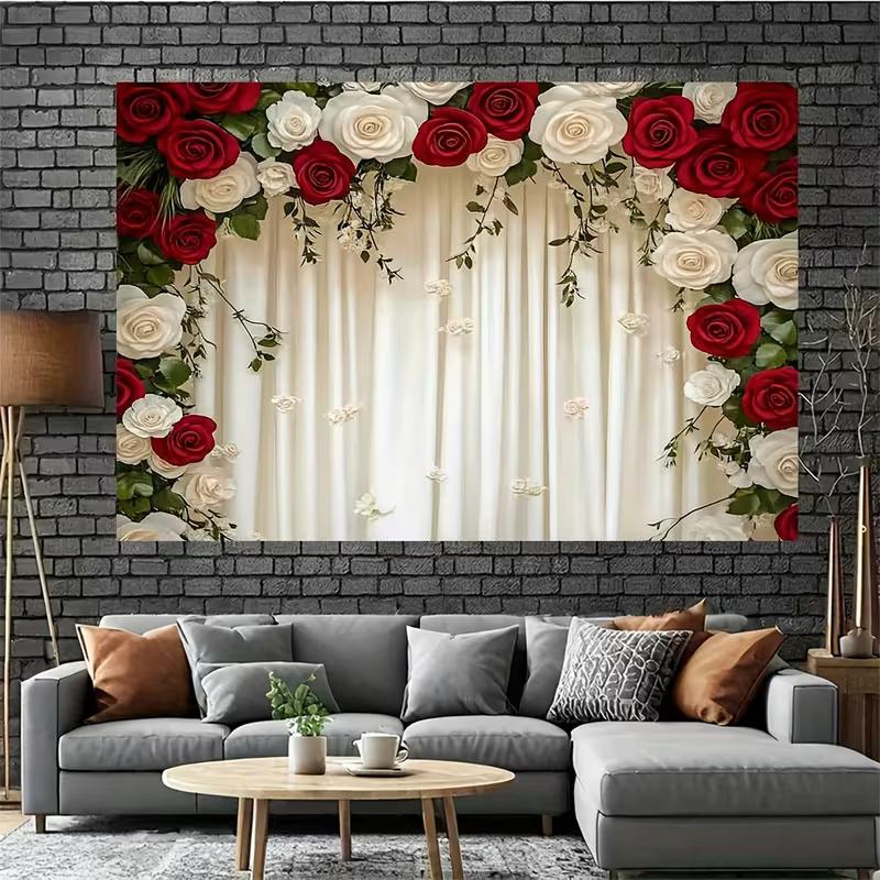 2D Red & White Rose Backdrop Cream Curtain Wedding Ceremony Background