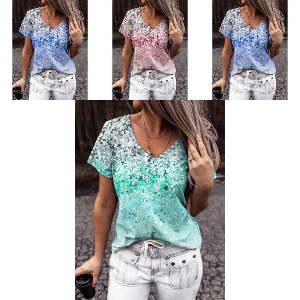 Elegant Womens V-neck Short Sleeve Floral Print Tops T-shirt For Casual Wear