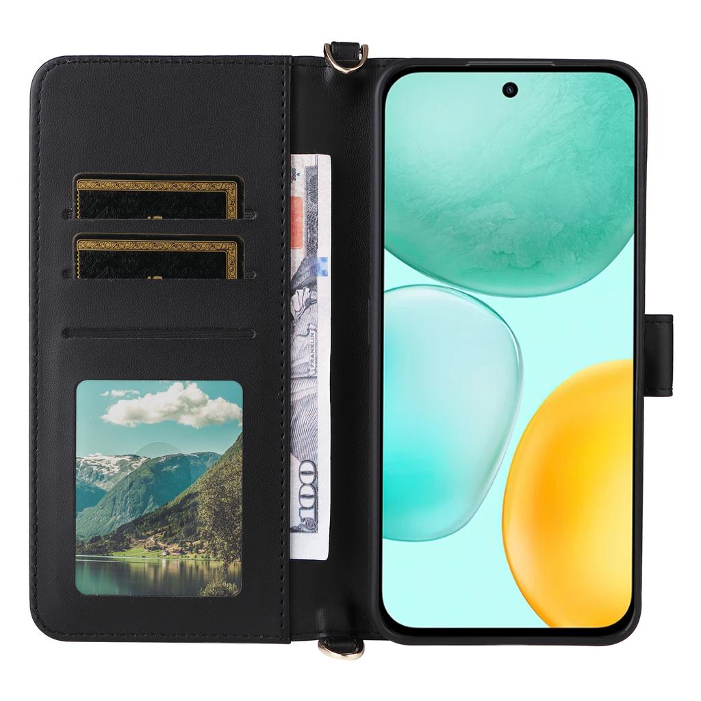 For Honor X6c 4G Case with Shoulder/Wrist Strap Leather Phone Cover Stand Wallet