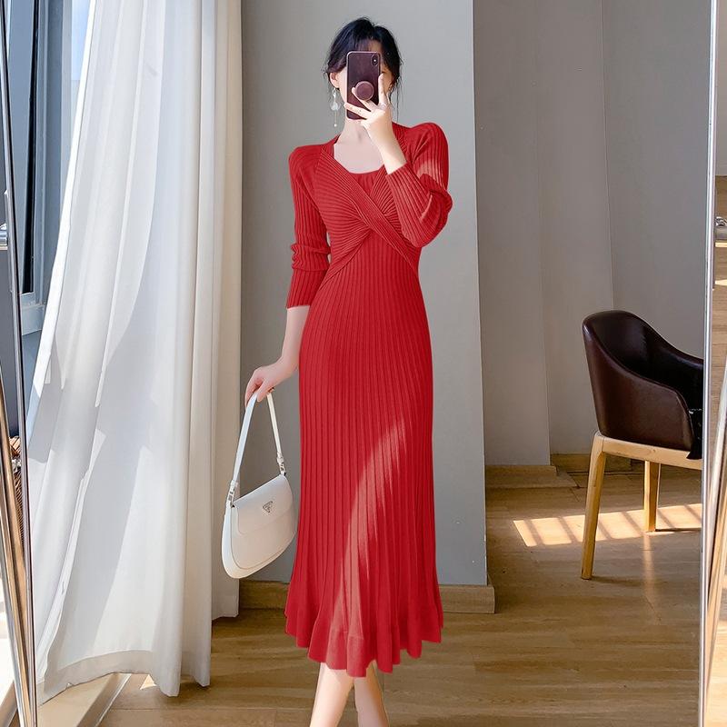 French Style Autumn Winter Women Ruffles Sweater Dress Pink Apricot Black Red Trumpet Knitting Dress Elegant Feminine Knitted Mermaid Dress