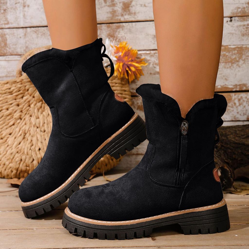 Women's Retro Simple Fleece Lined Warm Platform Suede Cotton Mid Calf Boots With Side Zipper Wide Calf Boots for Women Knee High
