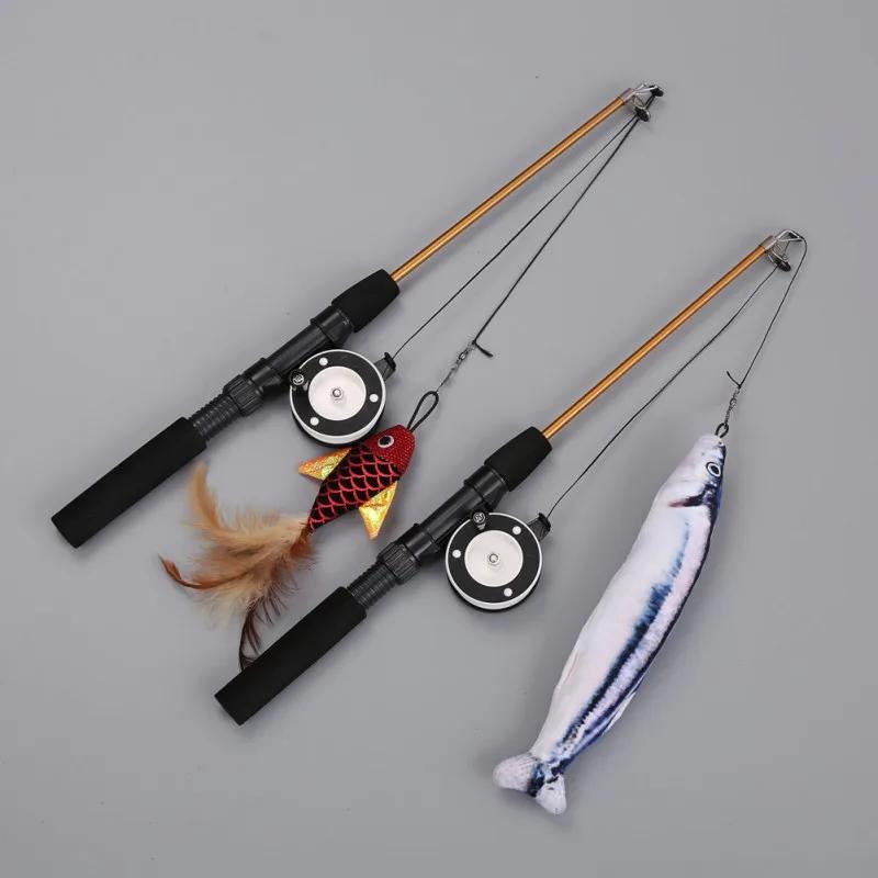 Cat Rods Retractable Cat Toy Fish Type Telescopic Feathers Funny Cat Stick Toys Pet Toy for Kitten Simulation Fishing Rod Play
