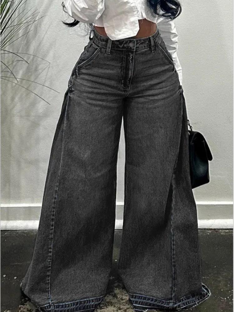 Women High Waist Wide Leg Jeans With Side Panels And Frayed Hem Casual Loose Fit Denim Pants