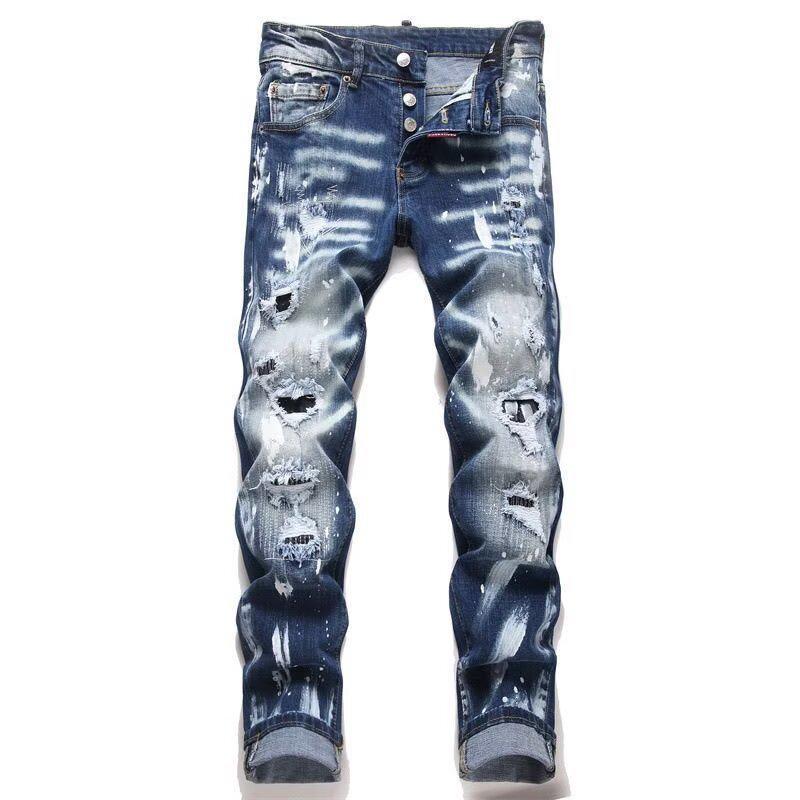 Punk Retro Blue Ripped Slim Fit Printed Men's Jeans