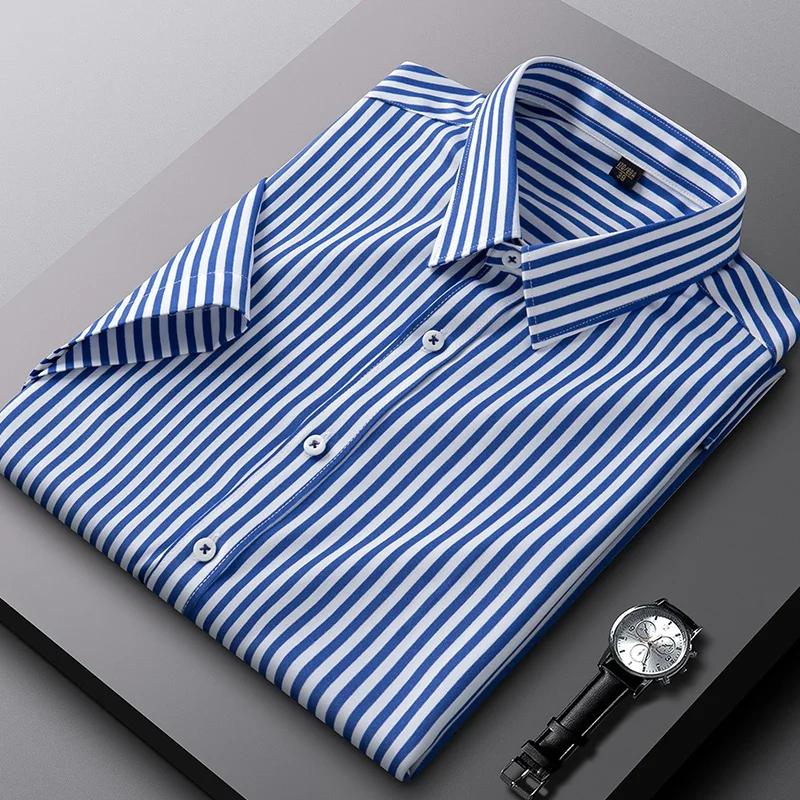 Summer Striped Short Sleeve Shirts for Men Thin Elatic Social Slim Fit Formal Shirt Business Class Fit Casual Easy-care Clothes