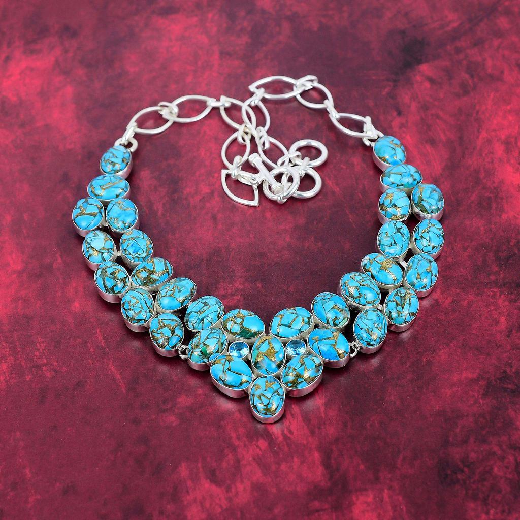 Copper Blue Turquoise Gemstone Jewelry, 925 Solid Sterling Silver Necklace, Adjustable Handmade Chain Necklace Gift For Wife Jewelry