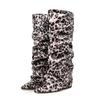 Krokodilmuster Damen High Boots Spitzschuh Leopardenmuster Keilschuhe Retro Schlupf-Muster Ärmel Kniehoch Plissee Stiefel