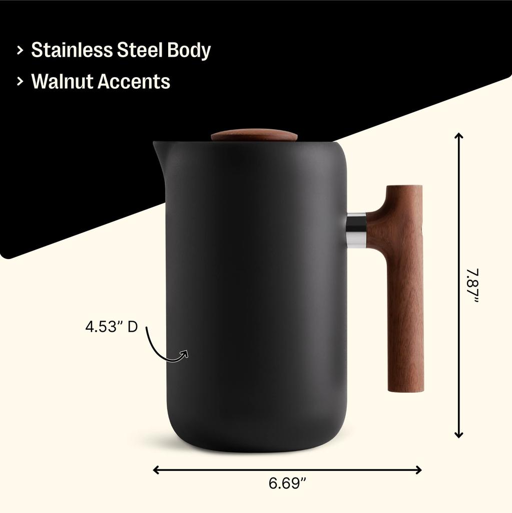 Fellow Clara French Press Coffee Maker Pot Pitcher [Official Manufacturer] [] (Black + Walnut)