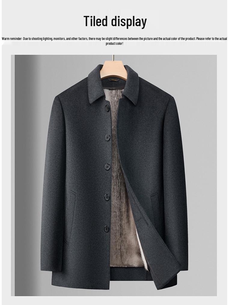 Men's Mid-Length Woolen Winter Coat with Plus Velvet for Middle-Aged and Elderly, Thickened Windbreaker Jacket.