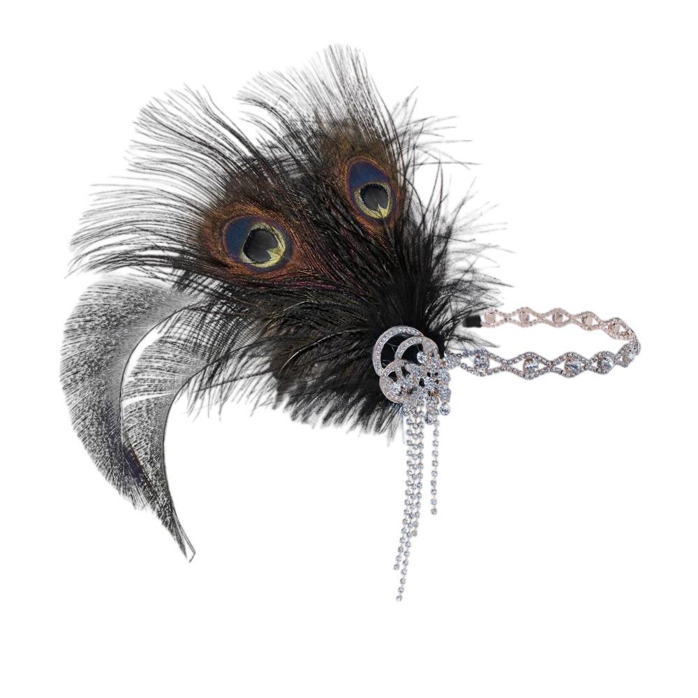 

Rhinestone Elegant Masquerade Hair Band Zircon Tassel Exquisite Feather Headband Retro 1920s Party Bridal Headdress