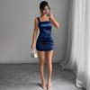 Women Satin Dress Square Neck Spaghetti Strap Ruched Bodycon Mini Cocktail Party Dress
