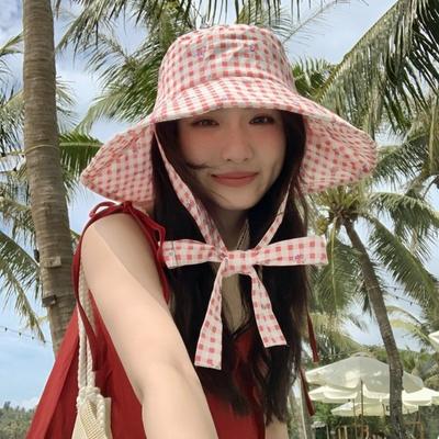 Sweet Lace-up Bucket Hat Wide-edged Lightweight Fisherman Hat Contrasting Color Double-sided Plaid Sunscreen Hat Women