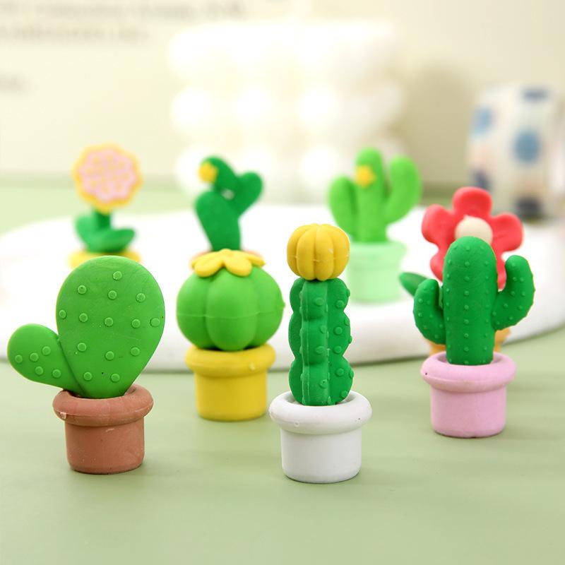 4Pcs Cute Cartoon Cactus Succulent Potted Shaped Eraser Less Crumb Pencil Eraser Primary School Student Stationery Supplies Gift