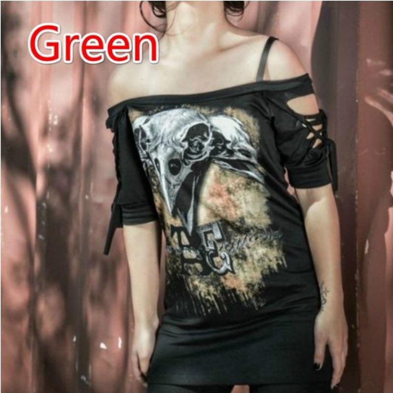 Stylish Women's Fashion Skull Printed Cool Black T-shirt Plus Size Slash Slit Tops