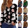 Haut T-shirt Décontracté Mode Femme Imprimé Halloween Col en V Bouton Bordure Manches Longues