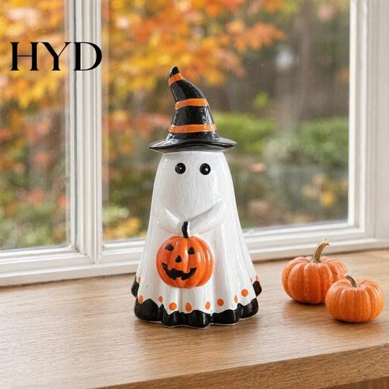 Handcrafted Ghost Ornament Halloween Figurine with Witch Hat, Cute Small Resin Decorative Holding Pumpkin Statue for Home Table Shelf Desk Decor