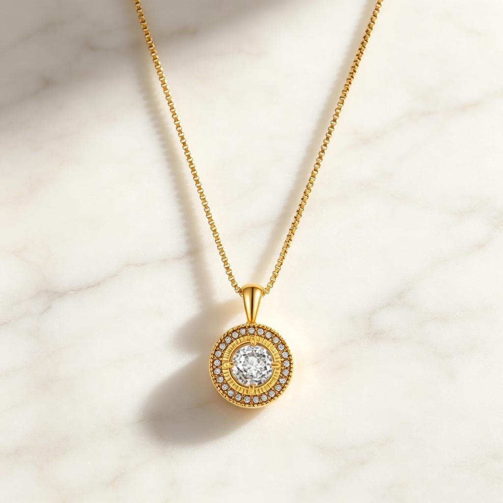 Elegant Female Crystal White Zircon Stone Round Pendant Necklace Vintage Gold Color Wedding Jewelry For Women