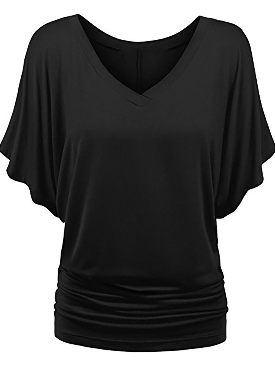 

Plus Size Women Loose Batwing Sleeve V-Neck Short Sleeve T-Shirt Top S чёрный